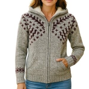 KISMET Grey Pattern Wool Sweater Jacket Sherpa Hood Western Knit Cabincore XS